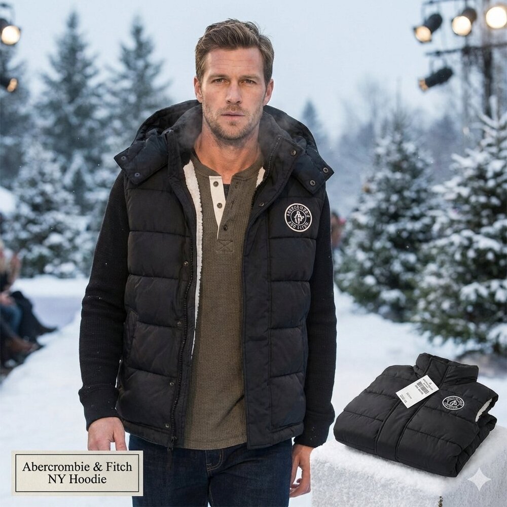 NWT Abercrombie NY Adult M Hoodie Puff Vest Full Zip Snap Btn Pocket Sherpa Line